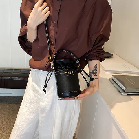 Women Casual Cylindrical PU Leather Bucket Bag Drawstring Spliced Stitching Portable Shoulder Crossbody Handbag For Daily Matching