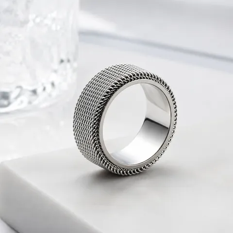 Stainless Steel Rotatable Mesh Spinner Ring For Men Women Geometric Band Ring Stress Relief Decompression Jewelry Gift