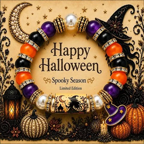 Pulsera de Cuentas de Halloween de Aleación de Vidrio Strass Fantasma Calabaza Gato Negro Bruja Charm Pulsera Elástica Regalo Fiesta