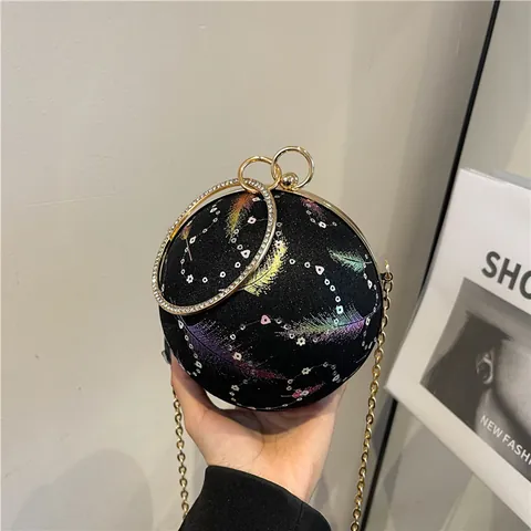 Women Spherical Evening Bag PU Leather Rhinestone Ring Handle Feather Print Lady Clutch With Chain For Party Wedding