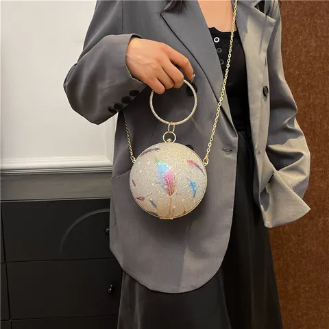 Women Spherical Evening Bag PU Leather Rhinestone Ring Handle Feather Print Lady Clutch With Chain For Party Wedding