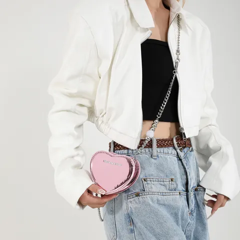 Fashion PU Leather Heart-Shaped Mini Crossbody Bag With Beaded Chain Strap Shiny Metallic Finish Small Lipstick Purse For Women