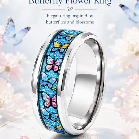 Vintage Stainless Steel Band Ring For Women Colorful Flower Butterfly Celestial Enamel Pattern Printed Fashion Finger Jewelry Gift
