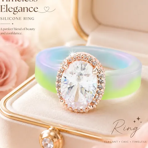 Elegante Siliconen Ring Voor Dames Roségoud Koper Ingelegd Grote Ovale Zirconia Waterdicht Hypoallergeen Mode Vingerring Sieraden Cadeau