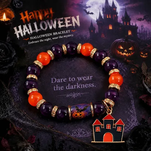Halloween Beaded Bracelet Orange Black Glass Crystal Beads Pumpkin Bat Ghost Witch Castle Charm Rhinestone Elastic Jewelry For Party Women