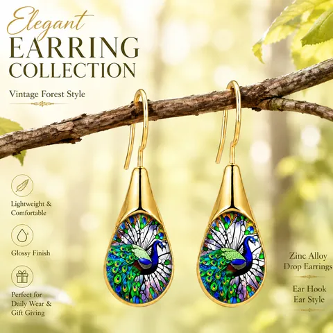 Vintage Zinc Alloy Waterdrop Earrings For Women Gold Plated Rooster Peacock Hummingbird Sun Moon Pattern Retro Forest Style Jewelry Gift
