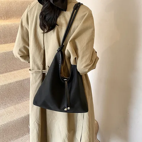 Women Large Capacity PU Leather Tote Bag Minimalist Shoulder Handbag With Knot Strap And Metal Bead Detail Commuter Purse