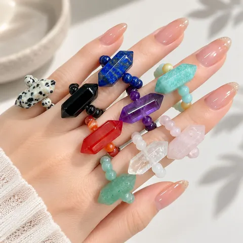 Bohemian Natural Stone Beaded Stretch Ring For Women Hexagonal Crystal Amethyst Rose Quartz Handmade Niche Jewelry Gift
