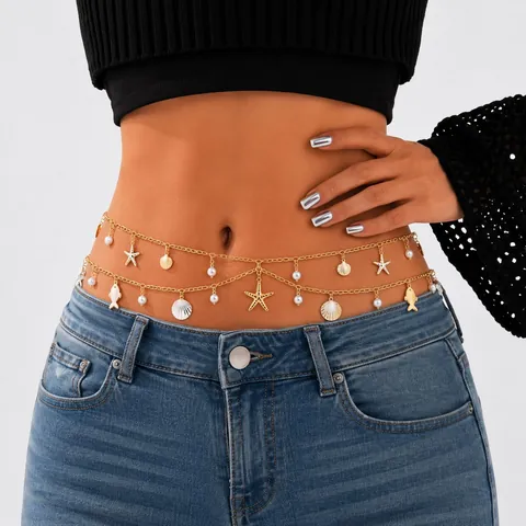 Women Ocean Style Starfish Shell Artificial Pearl Waist Chain Gold Alloy Layered Beach Body Chain Fashion Jewelry Accessory