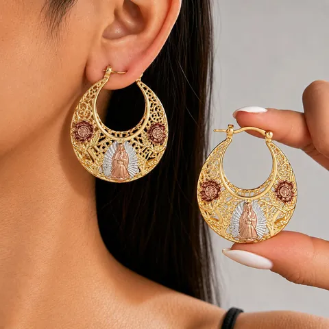 Franse Retro Holle Oorbellen Goud Driekleurig Zinklegering Maagd Maria Reliëf Rode Roos Oliedruppel Dames Sieraden