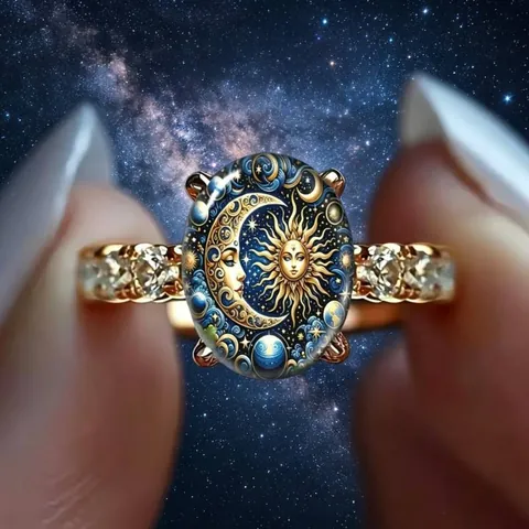 Vintage Copper Sun God Human Face Moon Ring For Women Men Electroplated Rhinestone Enamel Starry Sky Oval Finger Ring Jewelry