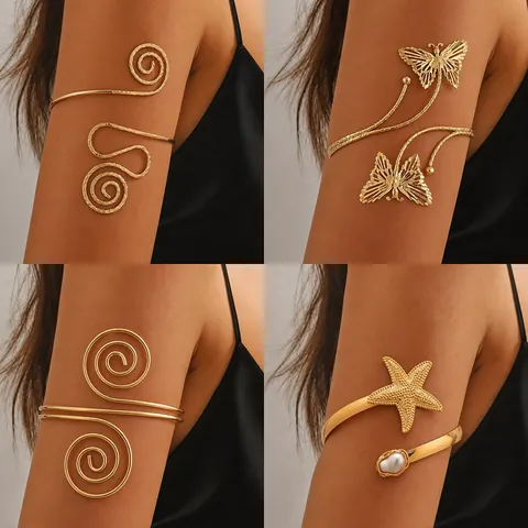 Bracciale da Braccio in Ferro a Spirale Geometrica alla Moda Bracciale Aperto Regolabile con Perla Artificiale
