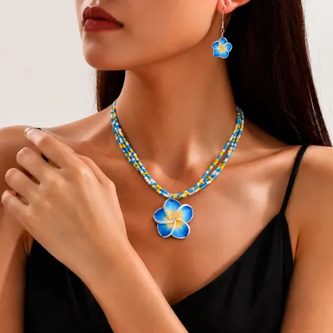 Boho Bunter Blumen Schmuckset Handgefertigte Polymerton Eierblume Anhänger Mehrlagige Perlenkette Ohrring Für Damen Sommer Strand
