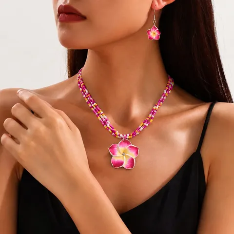 Boho Bunter Blumen Schmuckset Handgefertigte Polymerton Eierblume Anhänger Mehrlagige Perlenkette Ohrring Für Damen Sommer Strand