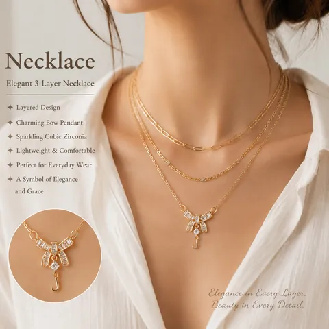 Collier à Pendentif Nœud et Lettre Multicouche en Cuivre Plaqué Or avec Strass Ras du Cou à Trois Couches pour Femme Bijoux de Fête Mariage Cadeau