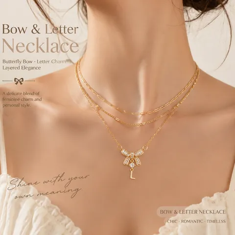 Collier à Pendentif Nœud et Lettre Multicouche en Cuivre Plaqué Or avec Strass Ras du Cou à Trois Couches pour Femme Bijoux de Fête Mariage Cadeau