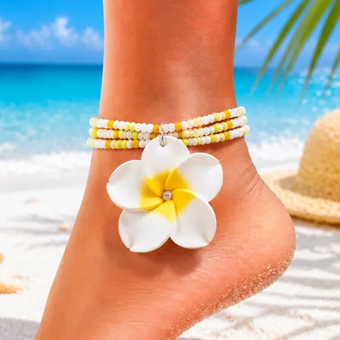 Chevillère de Plage d'Été en Perles de Rocaille Colorées pour Femmes Charme de Fleur de Frangipanier en Pâte Polymère Strass Bijoux Bohèmes