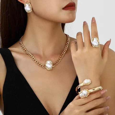 Vintage Irregular Artificial Pearl Jewelry Set Gold Silver Alloy Necklace Earrings Ring Bracelet For Women Luxury Fashion Accessory