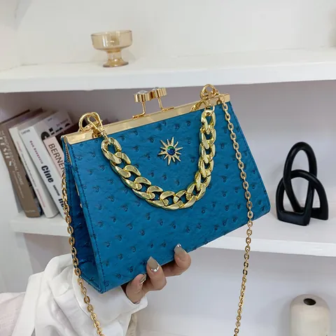 Damen Quadratisch Straußenmuster Handtasche Retro PU Leder Metallrahmen Kuss-Verschluss Schultertasche Kette Umhängetasche