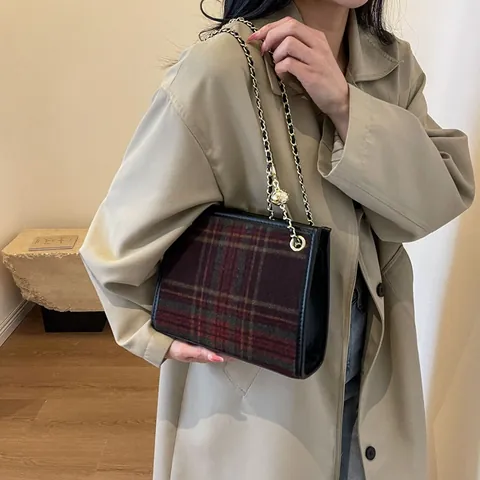 Vintage Plaid Tweed Chain Shoulder Bag For Women Retro Grid Small Square Crossbody Bag Commuter Tote With Metal Ball Adjuster