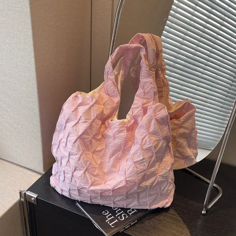 Korean Style Pleated Grid Tote Bag For Women Large Capacity Nylon Shoulder Bag Casual Commuter Foldable Handbag Shopping Bag