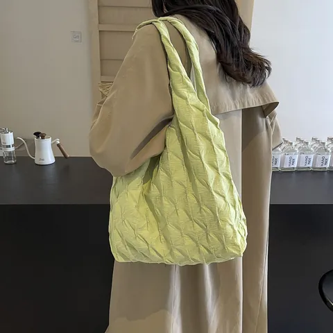 Korean Style Pleated Grid Tote Bag For Women Large Capacity Nylon Shoulder Bag Casual Commuter Foldable Handbag Shopping Bag