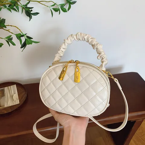 Women Diamond Quilted PU Leather Handbag Fashion Ruched Handle Crossbody Bag Versatile Daily Small Oval Shoulder Bag