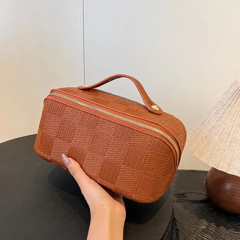 Women Woven Pattern Square Handheld Makeup Bag Waterproof PU Leather Portable Solid Color Grid Travel Cosmetic Storage Pouch