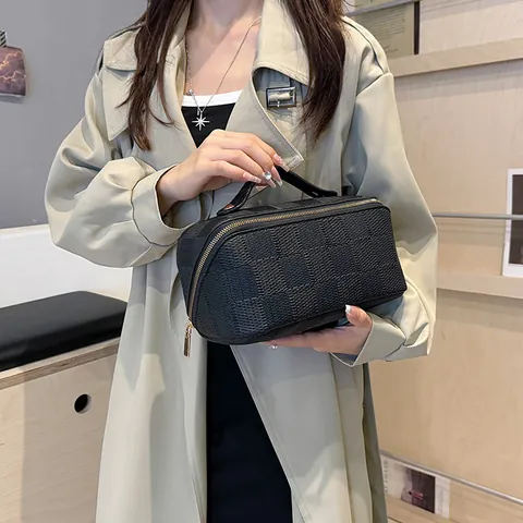Women Woven Pattern Square Handheld Makeup Bag Waterproof PU Leather Portable Solid Color Grid Travel Cosmetic Storage Pouch