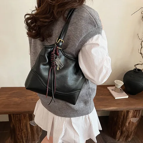 Vintage PU Leather Tote Bag For Women Retro Handheld Basket Bag Simple Versatile Underarm Shoulder Bag Commuter Handbag