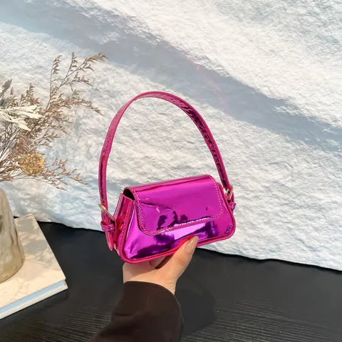 2024 Nuova Moda Donna Mini Borsa Baguette Lucida in Pelle PU Specchio Metallico Borsa a Mano Semplice di Design Borsa a Tracolla per Rossetto
