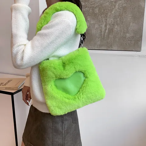 Borsa Tote in Peluche a Cuore da Donna Nuova Grande Capacità Semplice Borsa a Tracolla Sottobraccio in Pelliccia Sintetica alla Moda
