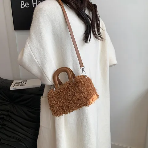 Women Plush Square Handbag Fashion Sherpa Crossbody Shoulder Bag With Synthetic Leather Handle Zipper Closure Daily Commute Tote Gift