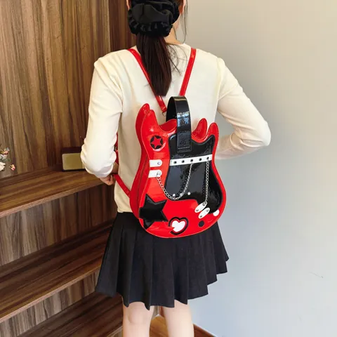 Novelty Guitar Shaped PU Leather Backpack For Women Fashion Color Block Crossbody Bag With Metal Chain Stars Heart Decor