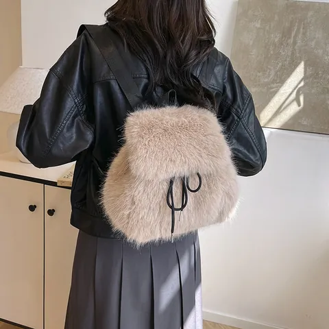 Women Korean Fashion Solid Color Plush Drawstring Bucket Backpack Cute Faux Fur Handbag Casual Travel School Bag