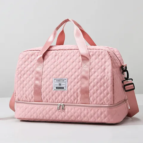 Women Large Capacity Quilted Rhombic Travel Bag Waterproof Oxford Cloth Gym Fitness Duffel With Shoe Compartment Dry Wet Separation Casual Shoulder Bag