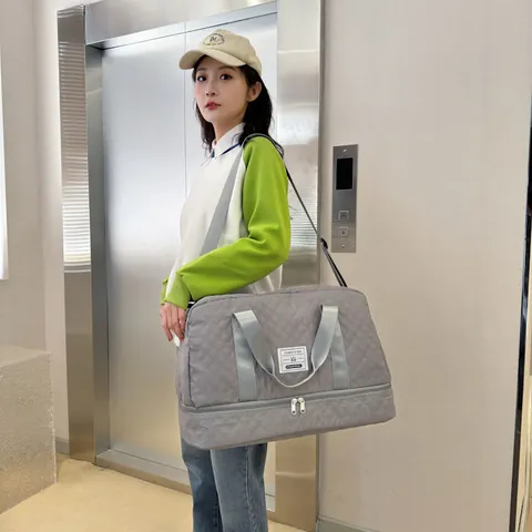Women Large Capacity Quilted Rhombic Travel Bag Waterproof Oxford Cloth Gym Fitness Duffel With Shoe Compartment Dry Wet Separation Casual Shoulder Bag