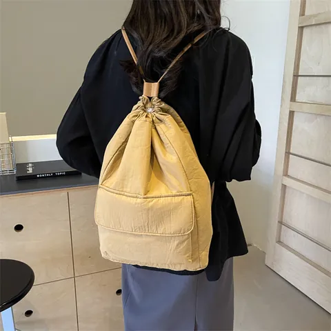 Korean Style Nylon Backpack For Women Large Capacity Drawstring Bucket Bag Lightweight Minimalist Commuting Travel Bag