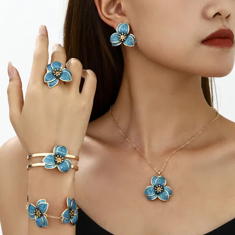 Minimalist Alloy Enamel Flower Earrings Necklace Ring Bangle Set For Women Forest Vacation Style Floral Jewelry Gold Plated Accessories
