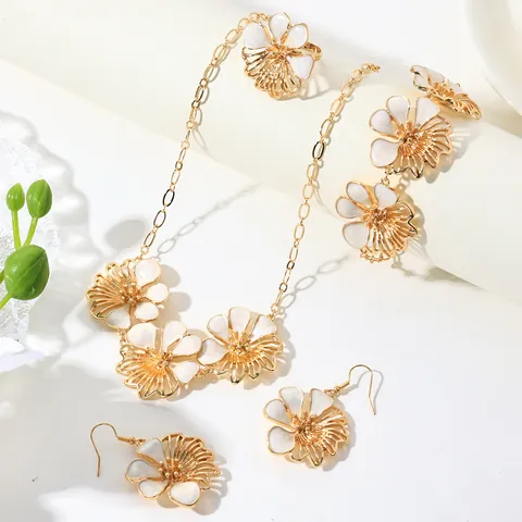 Vintage Drip Oil Flower Jewelry Set For Women Zinc Alloy Enamel Floral Necklace Bracelet Ring Earrings Sweet Pastoral Style Accessories