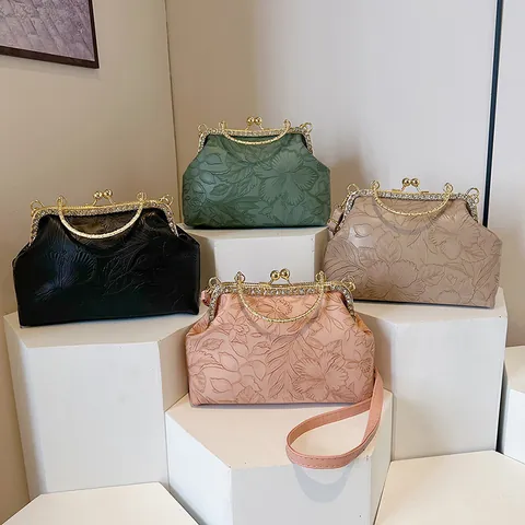 Vintage Floral Embossed PU Leather Handbag Rhinestone Metal Frame Kiss-Lock Crossbody Bag For Women Fashion Top Handle Bag