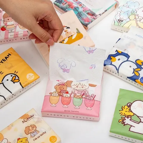 Pañuelos Faciales Estampados Portátiles Tamaño de Bolsillo de Pulpa de Madera Virgen Suaves con Patrones de Poesía China y Dibujos Animados para Viaje Escuela