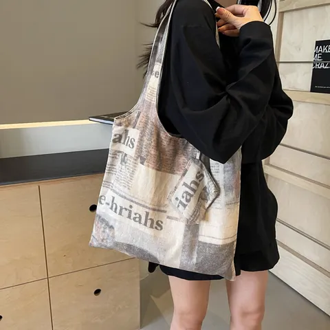 Vintage Newspaper Floral Print Canvas Tote Bag Large Capacity Women Shoulder Underarm Bag With Matching Pouch