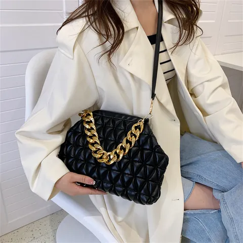 Women Rhombic Lattice Chain Handbag High Quality PU Leather Shoulder Crossbody Cloud Bag Niche Design Handbag For Daily Commuting