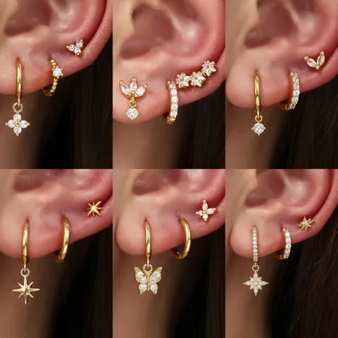 Fashion Women Copper Rhinestone Earring Set Butterfly Star Leaf Heart Hoop Stud Earrings Electroplated Jewelry Gift