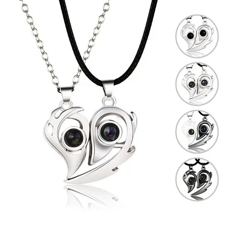 Magnetic Couple Necklace Heart Projection Pendant 100 Languages I Love You Minimalist Alloy Necklace For Lovers Jewelry Gift