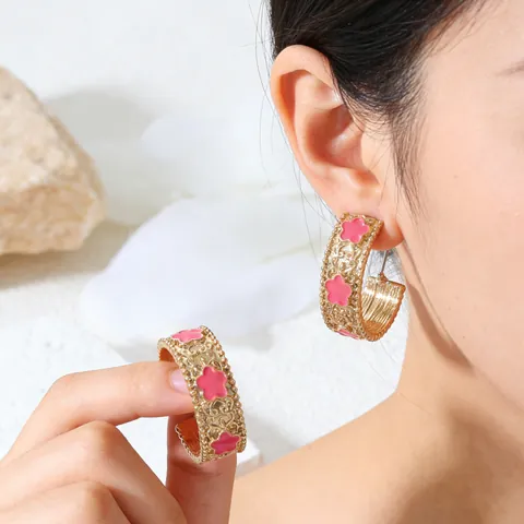 Boucles d'Oreilles Créoles Vintage en Alliage de Zinc pour Femmes Boucles d'Oreilles en Forme de C Florales en Émail de Luxe Bijoux de Mode
