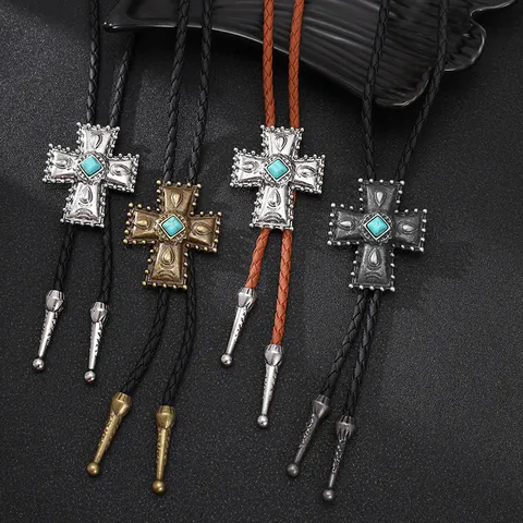 Vintage Punk Cowboy Bolo-Krawatte Legierung Kreuz Anhänger Künstlicher Türkis Geflochtene Lederschnur Halskette Für Damen Herren