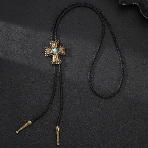 Vintage Punk Cowboy Bolo-Krawatte Legierung Kreuz Anhänger Künstlicher Türkis Geflochtene Lederschnur Halskette Für Damen Herren