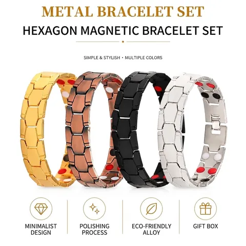 Men's Punk Zinc Alloy Hexagonal Link Magnetic Bracelet Bio-Magnetic Therapy Health Care Wide Chain Bracelet Jewelry Gift